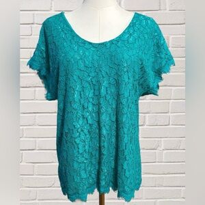 Diane Von Furstenberg Teal Lace Blouse Feminine Romantic Silk-Lined Top Gold Zip